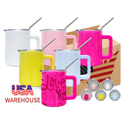 25 Pack USA Warehouse 10oz Blank Sublimation Macaron Color Lowball Metal Tumblers Mugs With Removable Plastic Handle and Magnetic Lids