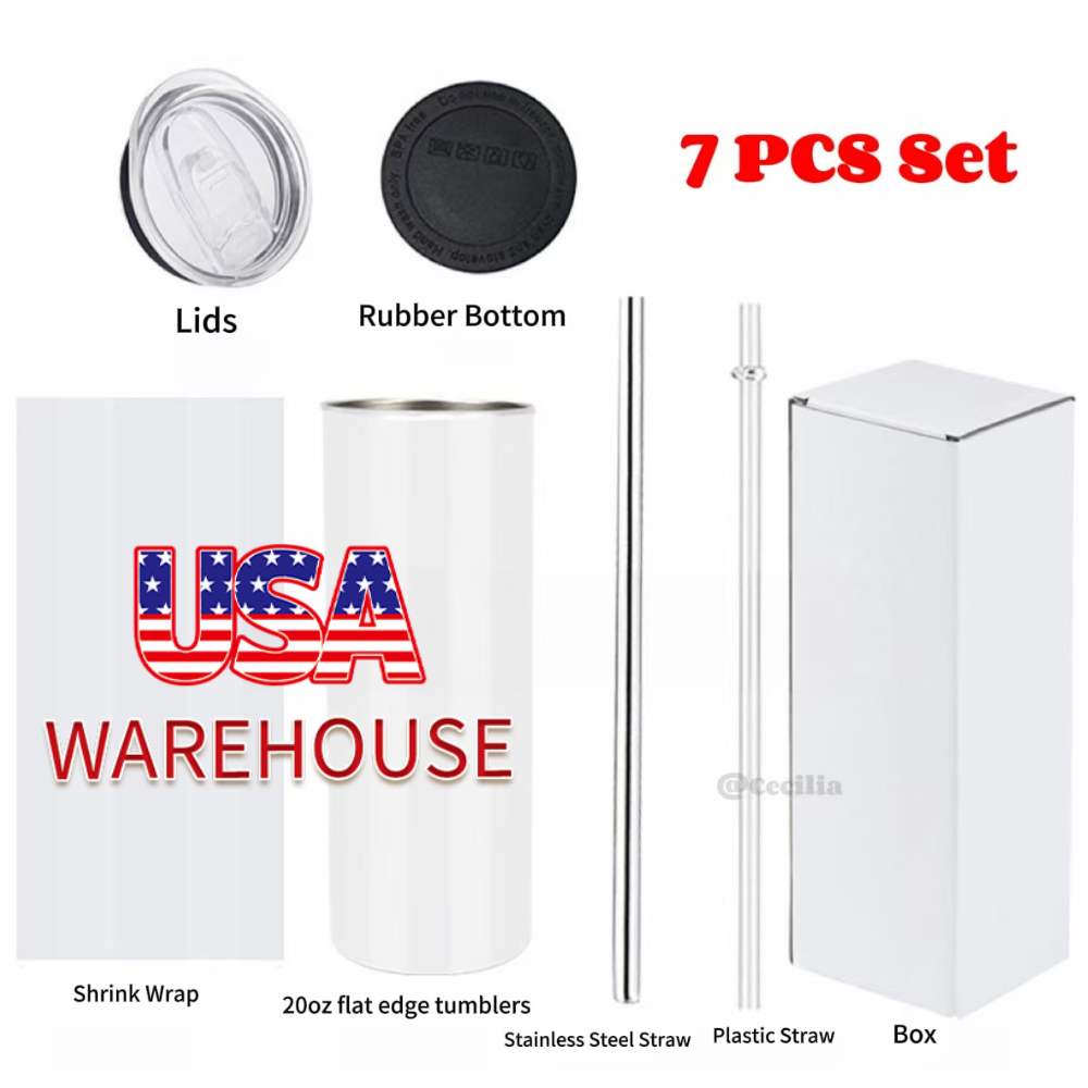 20oz Flat Edge Blank Sublimation Skinny Stainless Steel Double Wall Tumblers 50 Pack USA Warehouse