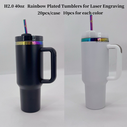 20Pack H2.0 40oz 🌈Rainbow Plated Tumblers Powder Coated Stainless Steel Quencher Tumbler for Laser Engraving