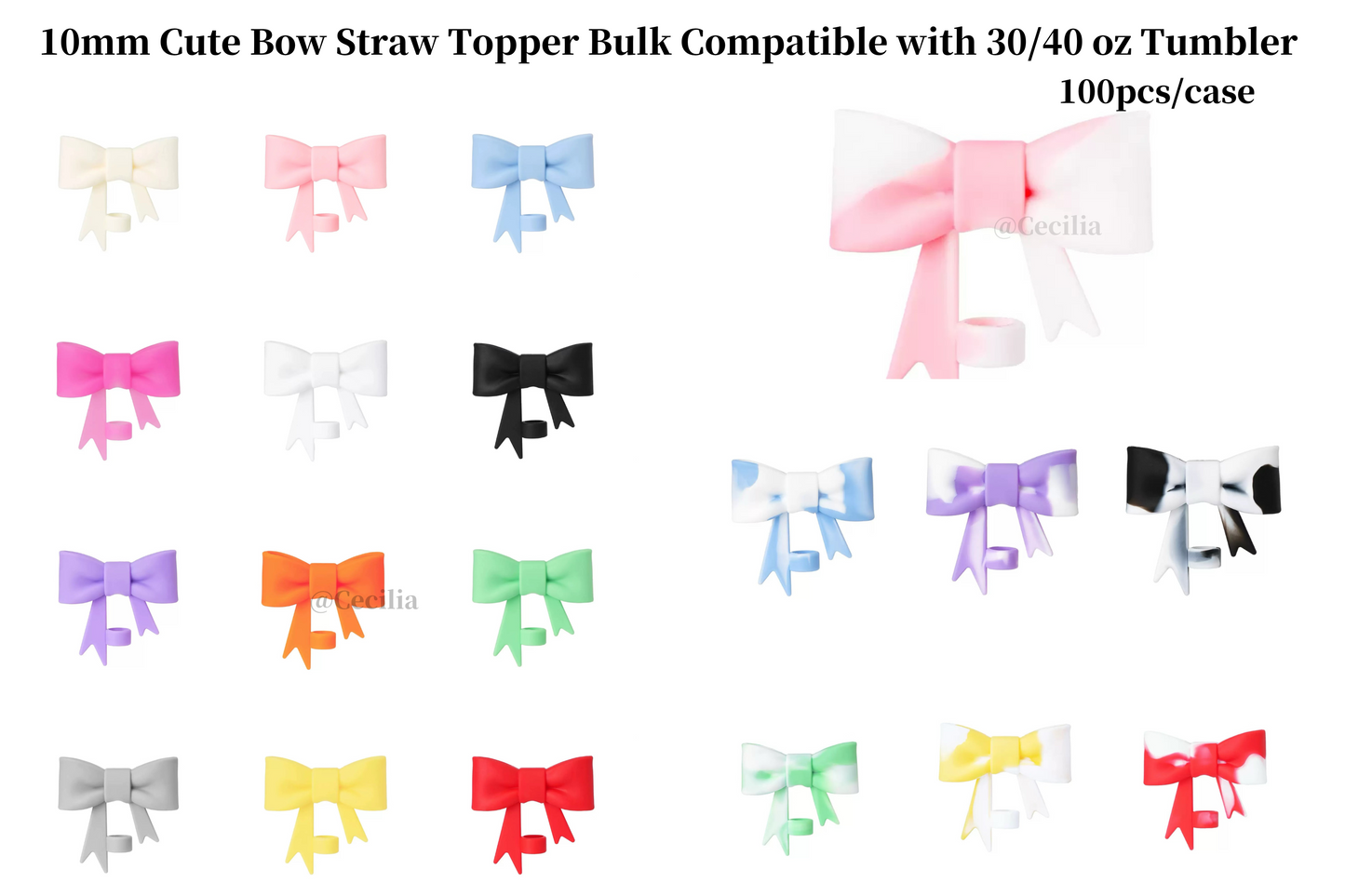 100 Pack China Warehosue 10mm Cute Bow Straw Topper Bulk Compatible with Stanley 30/40 oz Tumbler Cups Silicone Lids Protectors Reusable Drinking Straw Cover