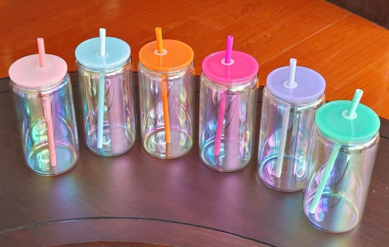16oz Rainbow Shimmer Color Glass Can For Sublimation And UV DTF Wraps 25 Pack 50 Pack China Warehouse