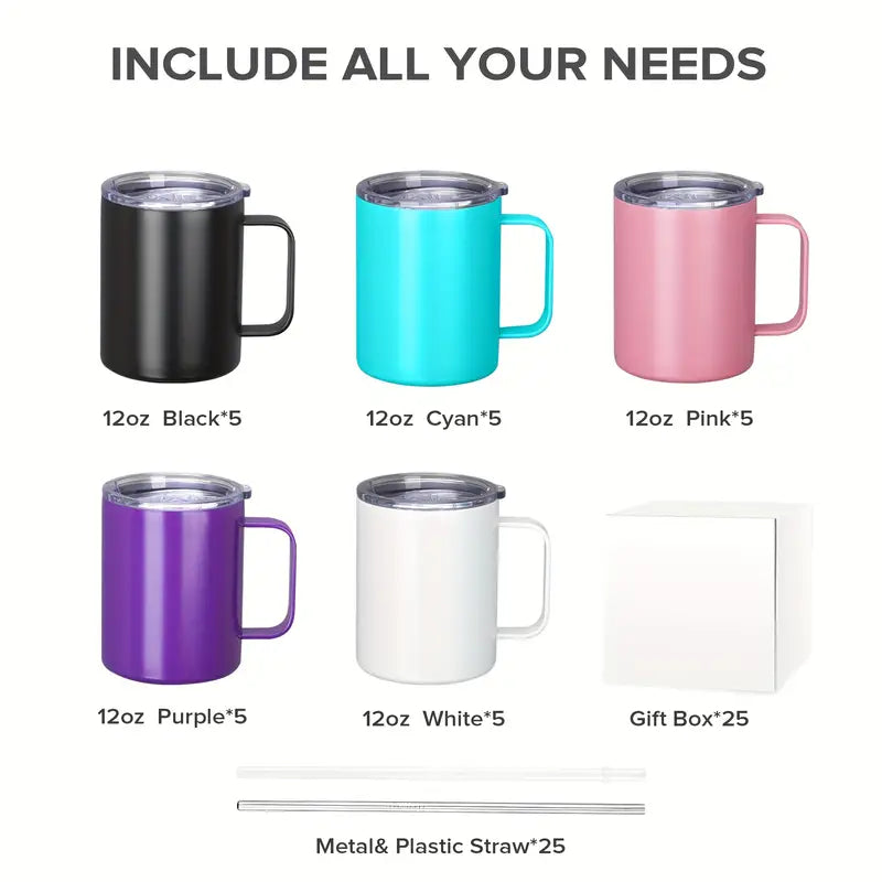 25Pack USA Warehouse 12oz Power Coated Stainless Steel Mugs and Wine Tumblers for Laser Engraving