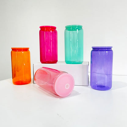 25Pack 16oz Jelly Color Blank Sublimation Glass Can With Colorful Lids and Clear Plastic Straw Also Work for UV DTF Wraps