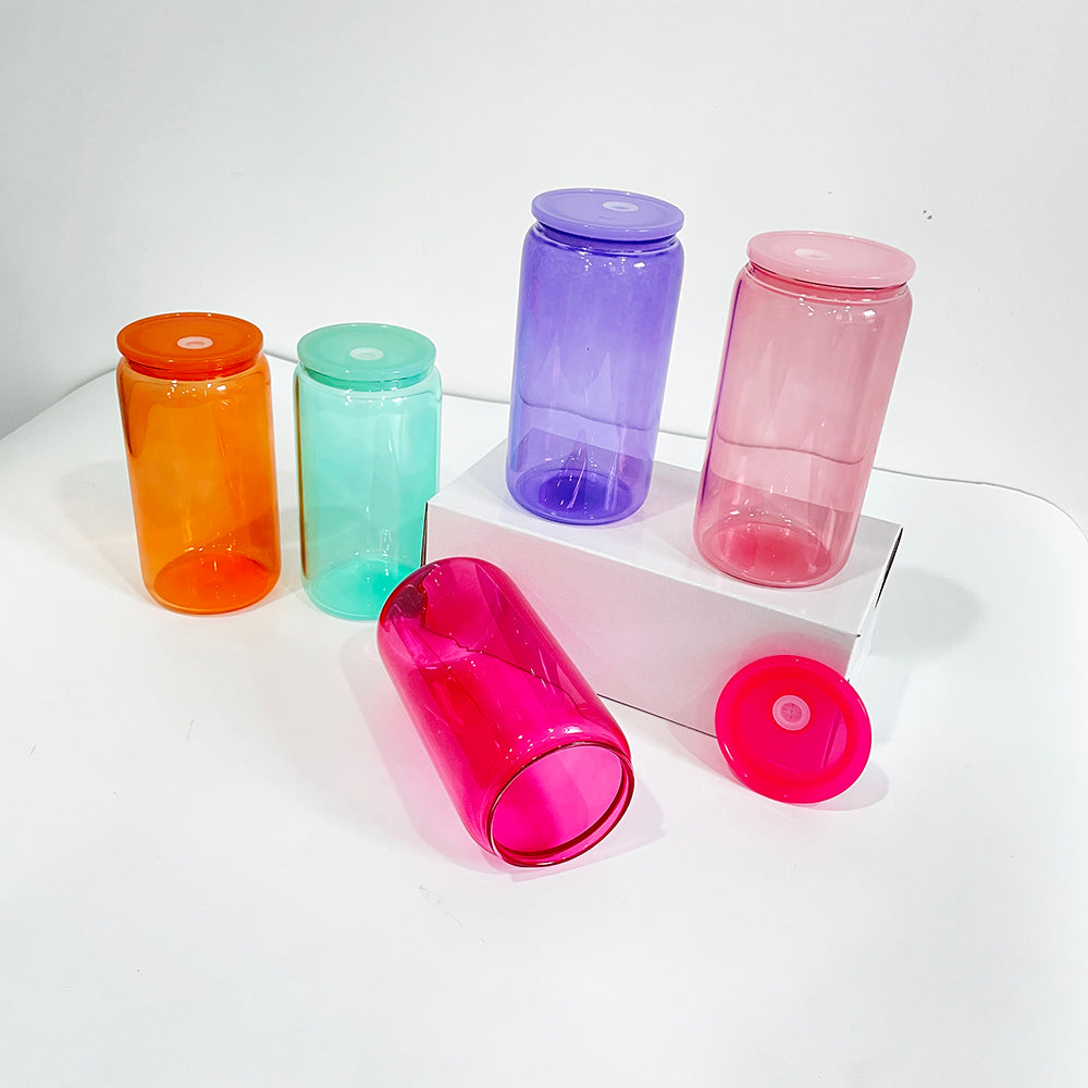 25Pack 16oz Jelly Color Blank Sublimation Glass Can With Colorful Lids and Clear Plastic Straw Also Work for UV DTF Wraps