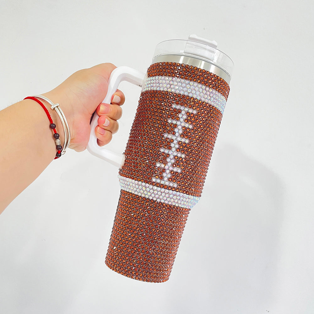 20Pack H1.0 40oz Football Bling Rhinestone Tumblers Hot Pink and Brown Color Luxury Style Full Cover Cups for Daliy Life