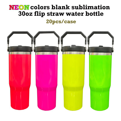 20Pack USA Warehouse 30oz Neon Color Blank Sublimation Flip Straw Water Bottles Outdoor Tumblers