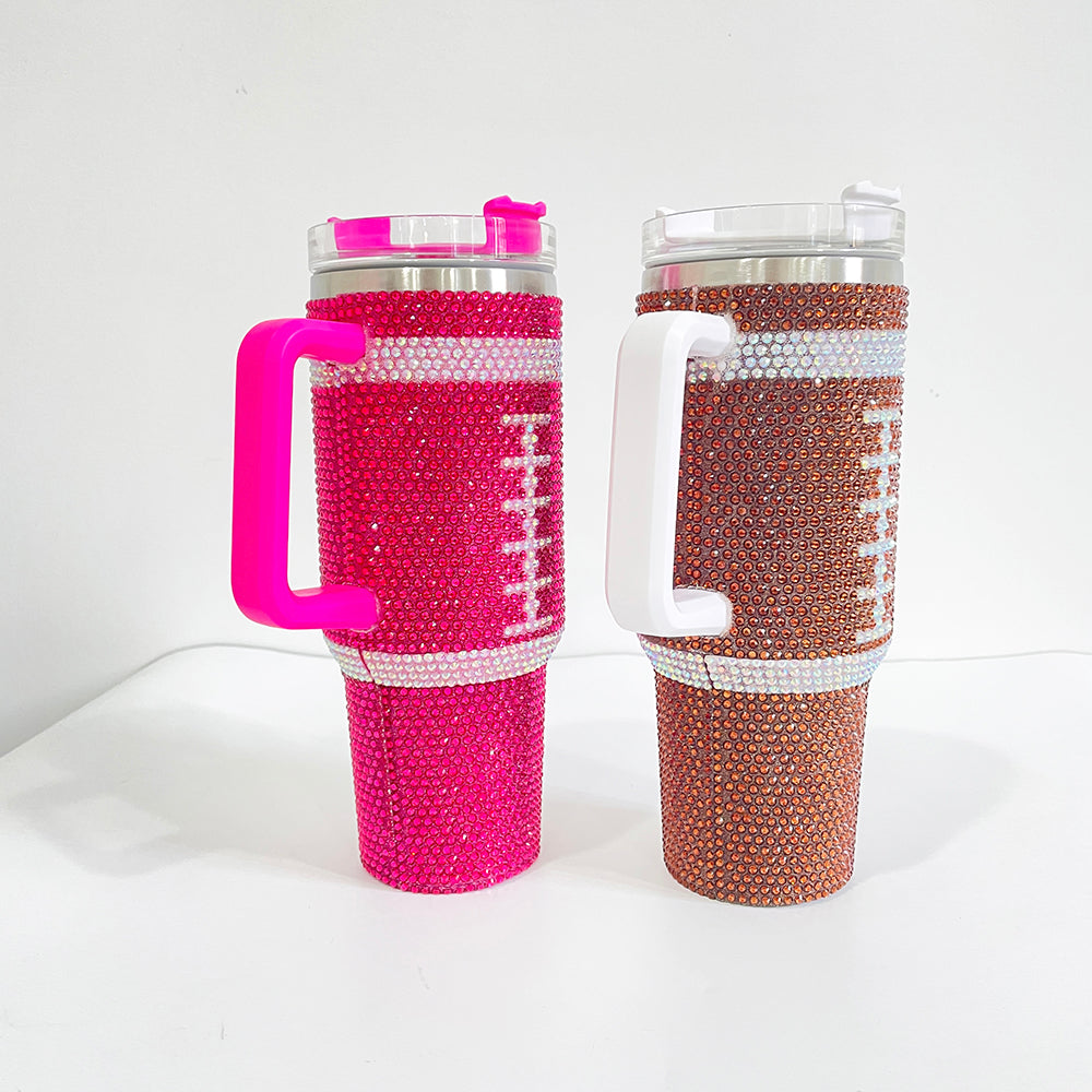 20Pack H1.0 40oz Football Bling Rhinestone Tumblers Hot Pink and Brown Color Luxury Style Full Cover Cups for Daliy Life