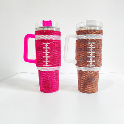 20Pack H1.0 40oz Football Bling Rhinestone Tumblers Hot Pink and Brown Color Luxury Style Full Cover Cups for Daliy Life