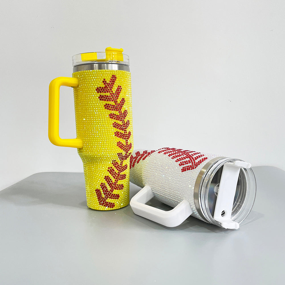 20Pack H1.0 40oz Baseball Bling Rhinestone Tumblers Yellow&White Color Luxury Style Full Cover Cups for Travel