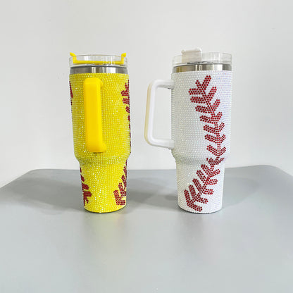 20Pack H1.0 40oz Baseball Bling Rhinestone Tumblers Yellow&White Color Luxury Style Full Cover Cups for Travel