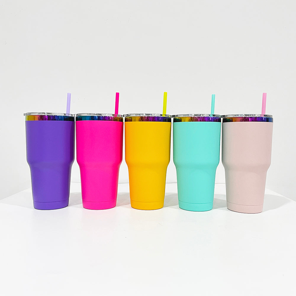 25Pack China Warehouse 30oz Powder Coated Vacuum Insulated Colorful Holographic Rainbow Plated Tumbler Mugs Cups for Sunflower Laser Engraving