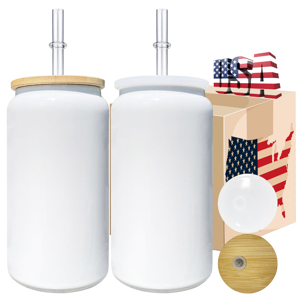 25Pack USA Warehouse 16oz White Blank Sublimation Stainless Steel Can with Two Lids Wooden Lids and White Plastic Lids