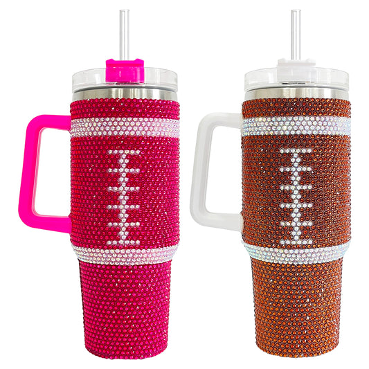 20Pack H1.0 40oz Football Bling Rhinestone Tumblers Hot Pink and Brown Color Luxury Style Full Cover Cups for Daliy Life