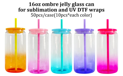 50Pack USA Warehouse 16oz Ombre Jelly Color Glass Can for Blank Sublimation and UV DTF Wraps