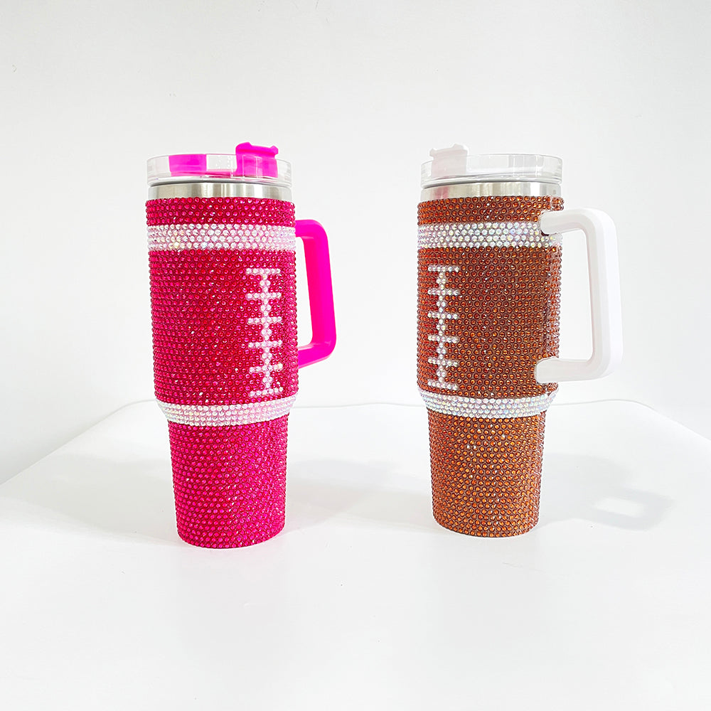 20Pack H1.0 40oz Football Bling Rhinestone Tumblers Hot Pink and Brown Color Luxury Style Full Cover Cups for Daliy Life