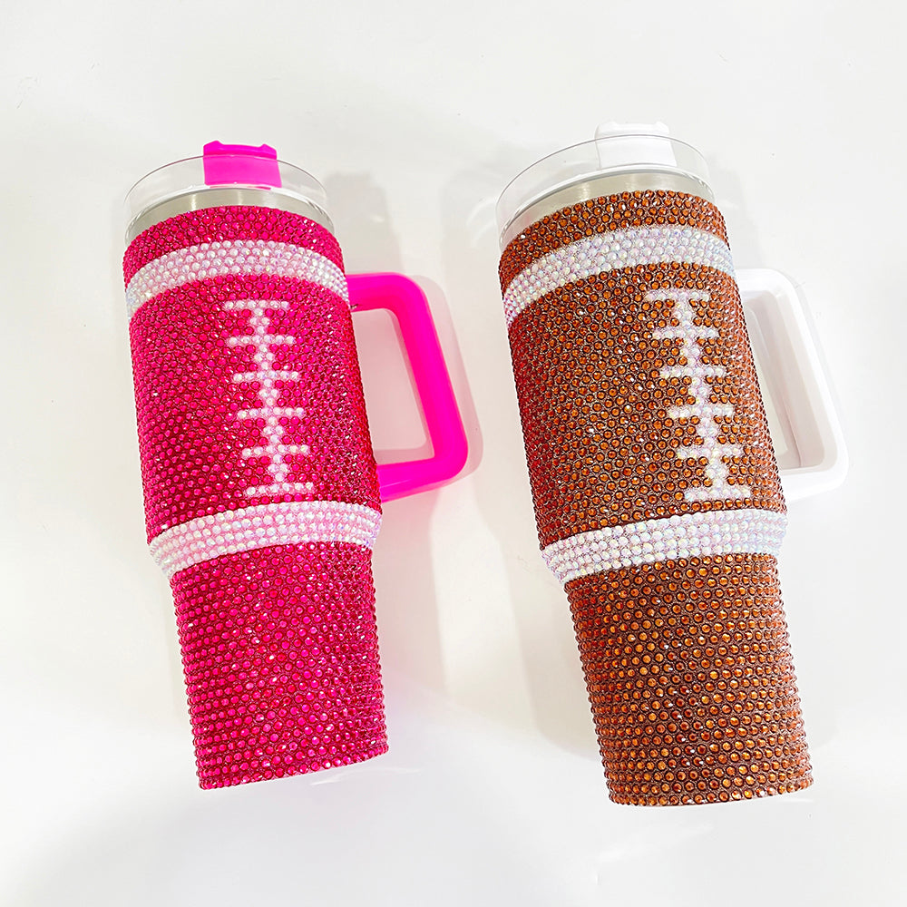 20Pack H1.0 40oz Football Bling Rhinestone Tumblers Hot Pink and Brown Color Luxury Style Full Cover Cups for Daliy Life