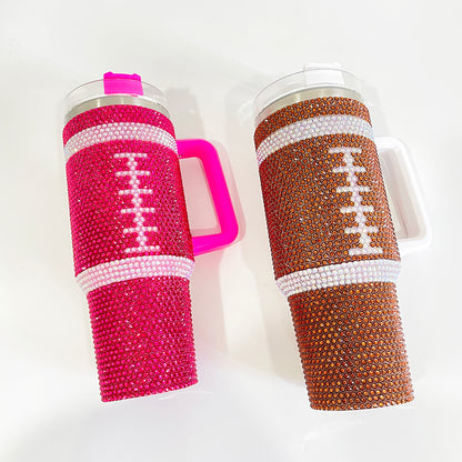 20Pack H1.0 40oz Football Bling Rhinestone Tumblers Hot Pink and Brown Color Luxury Style Full Cover Cups for Daliy Life