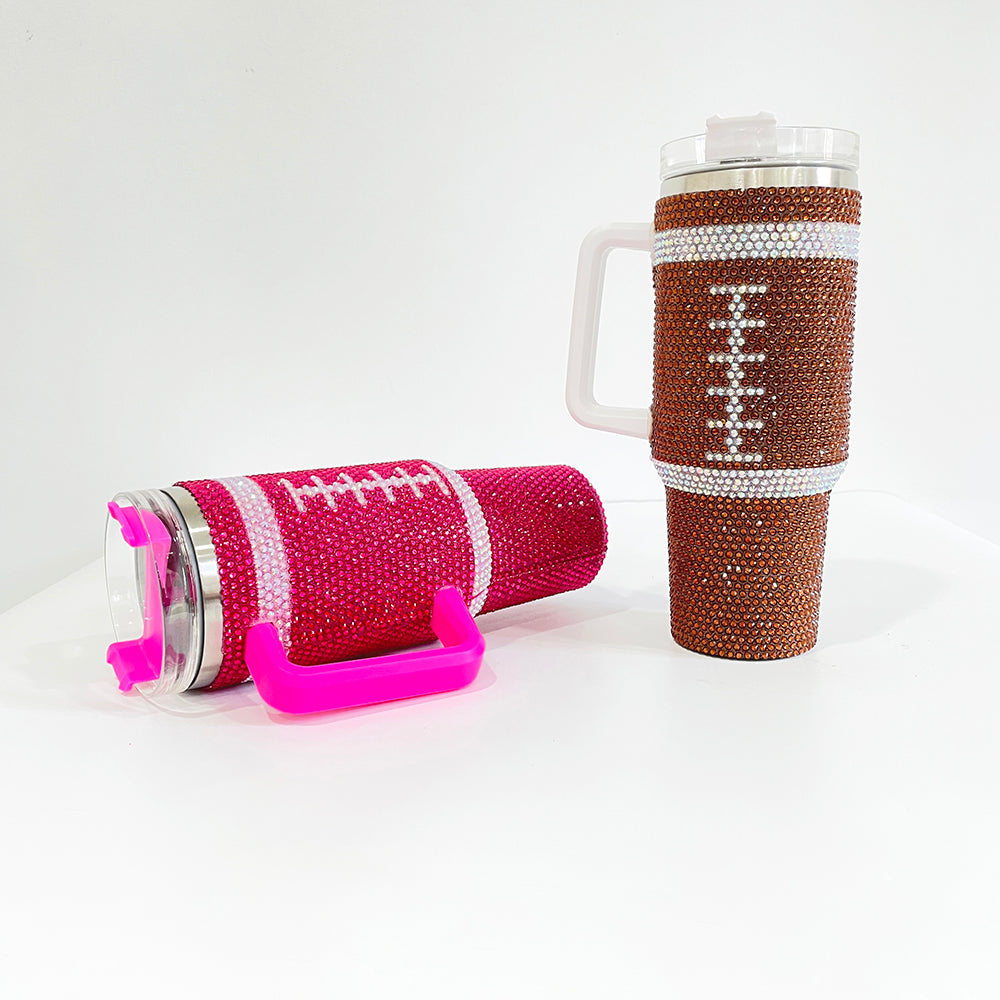 20Pack H1.0 40oz Football Bling Rhinestone Tumblers Hot Pink and Brown Color Luxury Style Full Cover Cups for Daliy Life