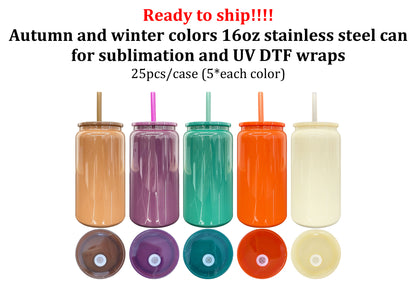 25Pack China Warehouse 16oz Autumn&Winter Color Blank Sublimation Stainless Steel Can  for UV DTF Wraps