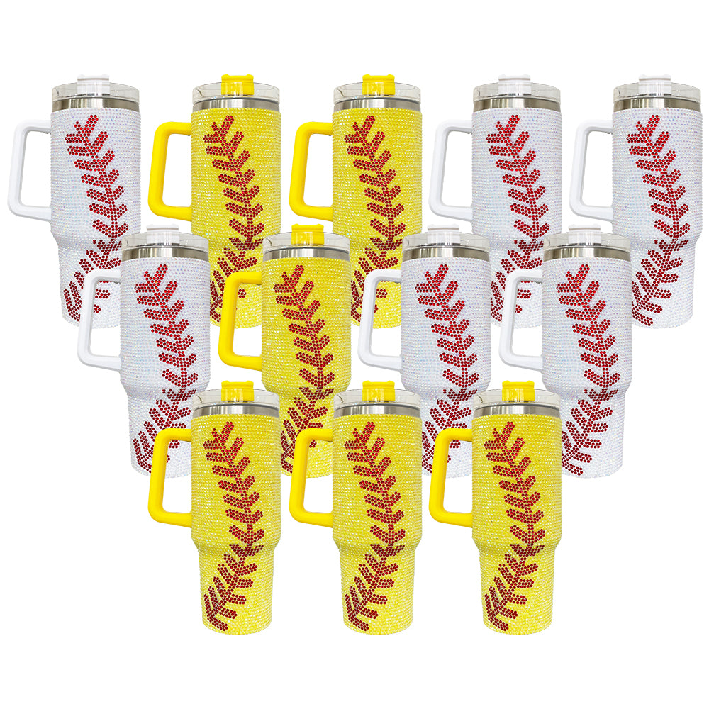 20Pack H1.0 40oz Baseball Bling Rhinestone Tumblers Yellow&White Color Luxury Style Full Cover Cups for Travel