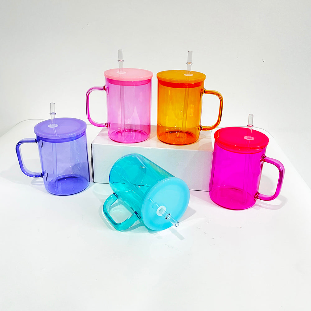 25Pack USAWarehouse 17oz Jelly Color Sublimation Glass Mugs with Colorful Lids and Clear Plastic Straw for UV DTF Wraps and Sublimation