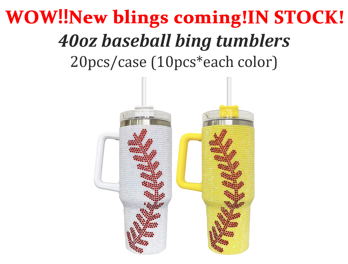 20Pack H1.0 40oz Baseball Bling Rhinestone Tumblers Yellow&White Color Luxury Style Full Cover Cups for Travel