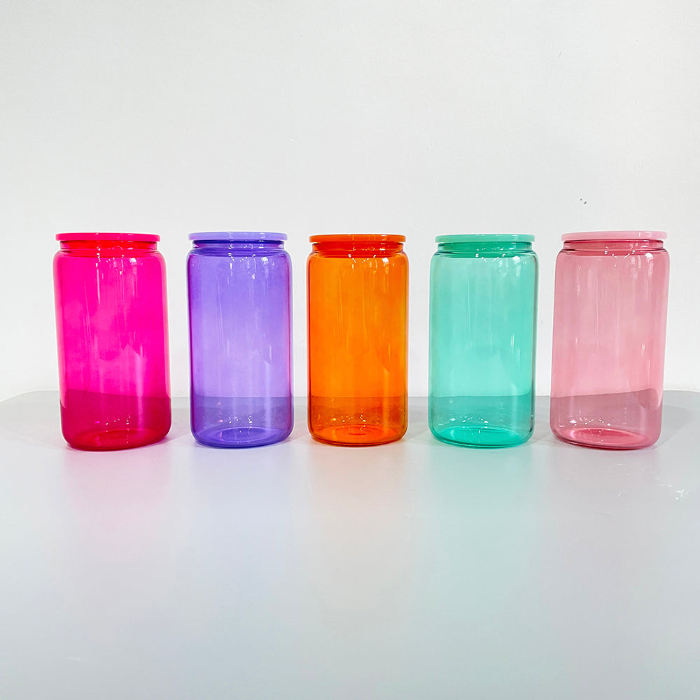 25Pack 16oz Jelly Color Blank Sublimation Glass Can With Colorful Lids and Clear Plastic Straw Also Work for UV DTF Wraps