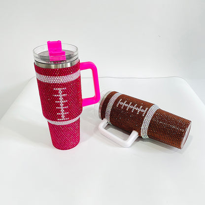 20Pack H1.0 40oz Football Bling Rhinestone Tumblers Hot Pink and Brown Color Luxury Style Full Cover Cups for Daliy Life