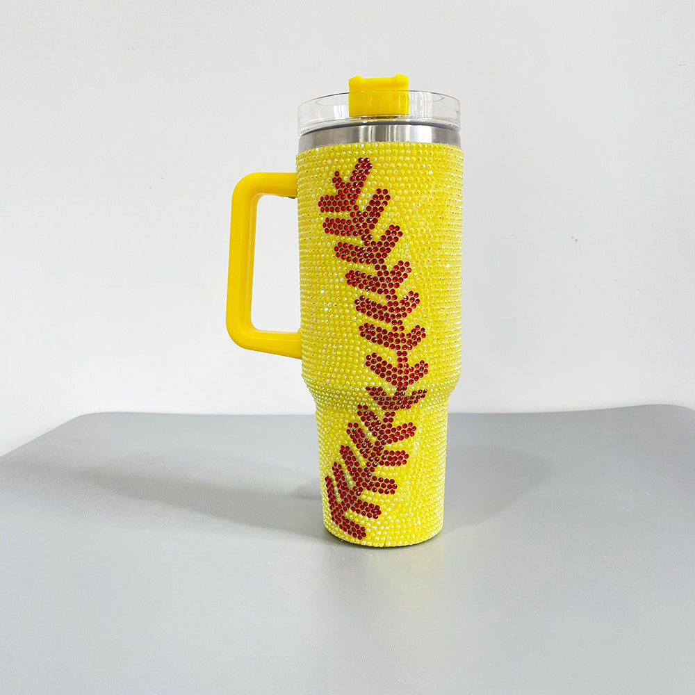 20Pack H1.0 40oz Baseball Bling Rhinestone Tumblers Yellow&White Color Luxury Style Full Cover Cups for Travel