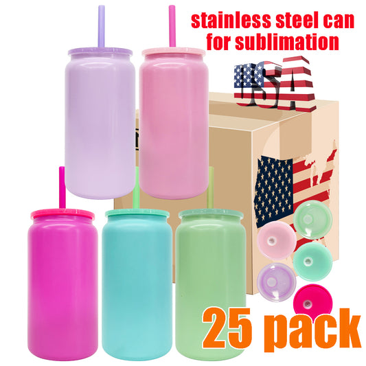 25Pack USA Warehouse 16oz Candy Color Blank Sublimation Stainless Steel Metal Can