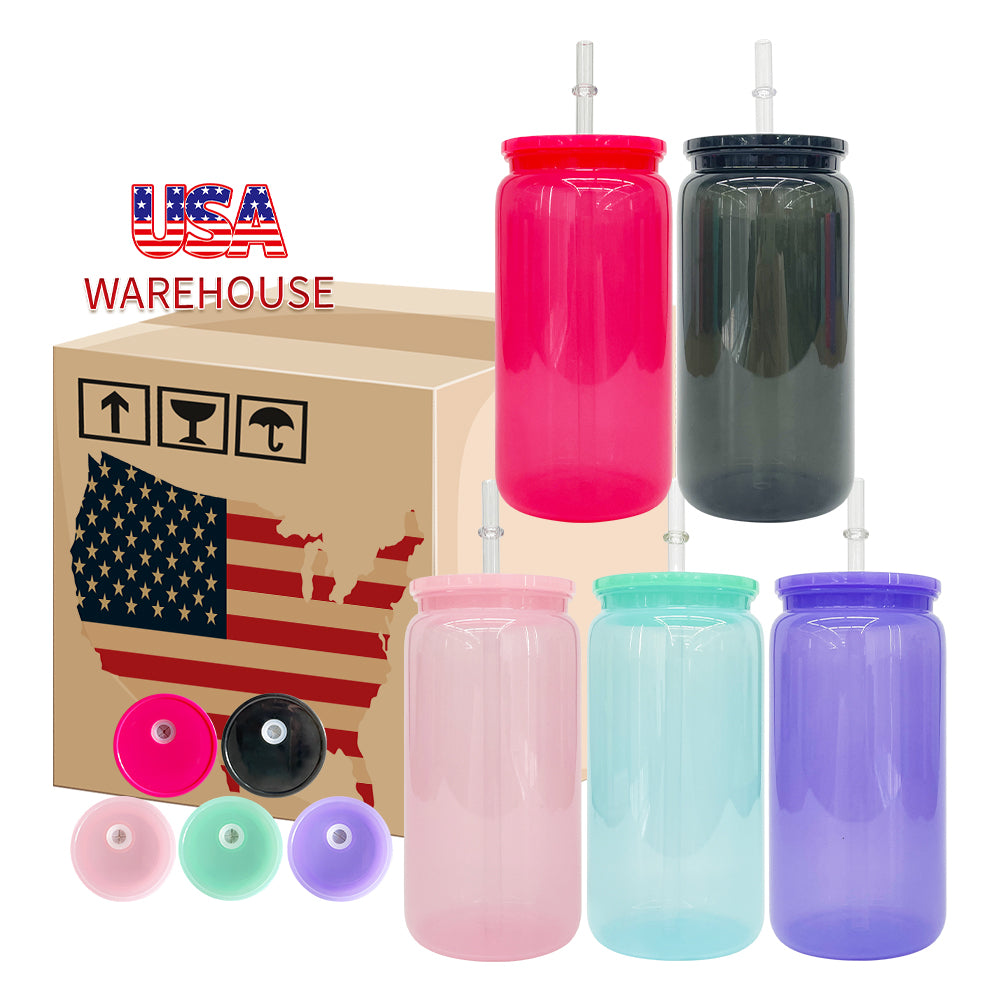 50 Pack USA Warehouse 16oz Macaron Color Acrylic Plastic Can with Straw and Lids for UV DTF Wraps