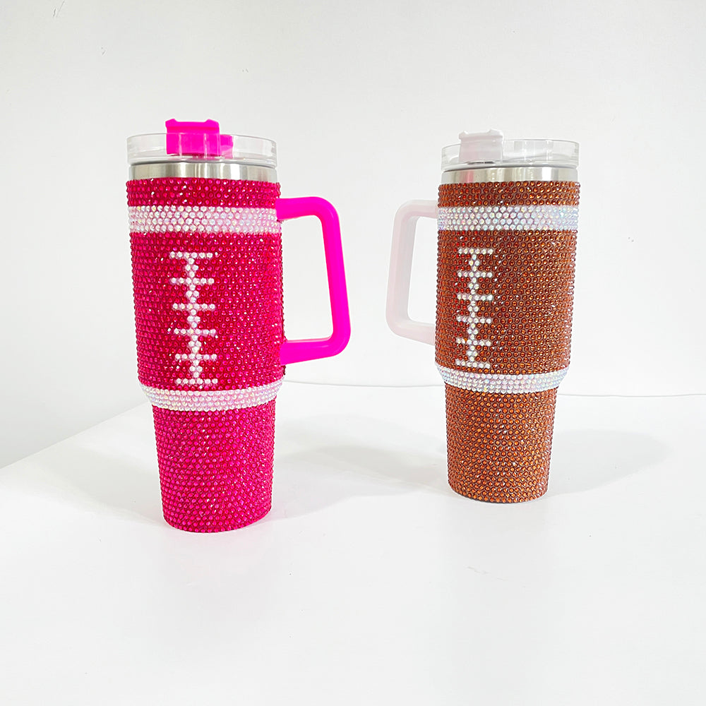 20Pack H1.0 40oz Football Bling Rhinestone Tumblers Hot Pink and Brown Color Luxury Style Full Cover Cups for Daliy Life