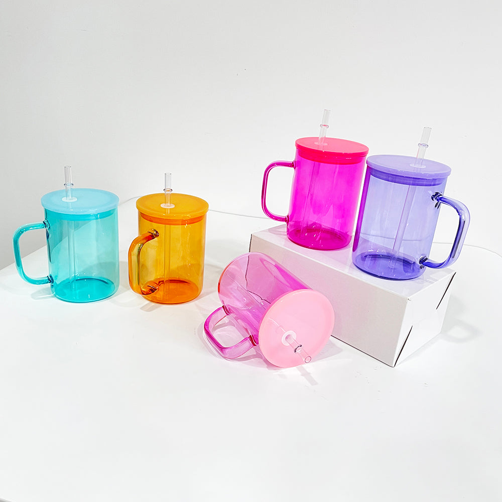 25Pack USAWarehouse 17oz Jelly Color Sublimation Glass Mugs with Colorful Lids and Clear Plastic Straw for UV DTF Wraps and Sublimation