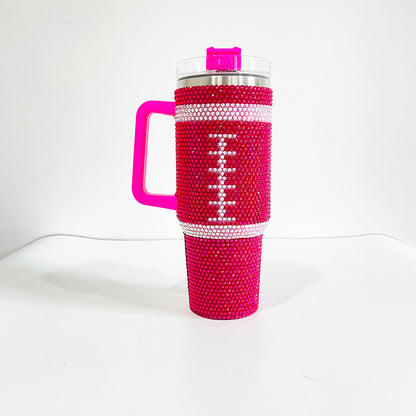 20Pack H1.0 40oz Football Bling Rhinestone Tumblers Hot Pink and Brown Color Luxury Style Full Cover Cups for Daliy Life