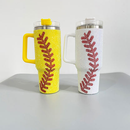 20Pack H1.0 40oz Baseball Bling Rhinestone Tumblers Yellow&White Color Luxury Style Full Cover Cups for Travel