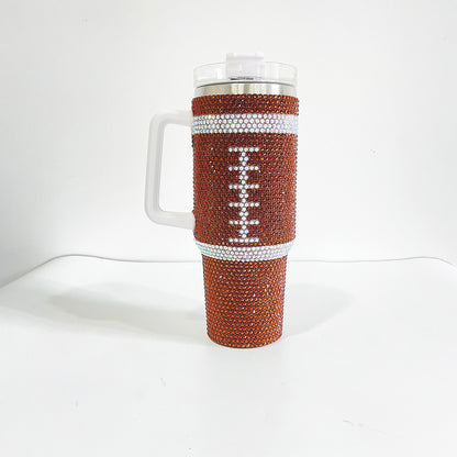 20Pack H1.0 40oz Football Bling Rhinestone Tumblers Hot Pink and Brown Color Luxury Style Full Cover Cups for Daliy Life