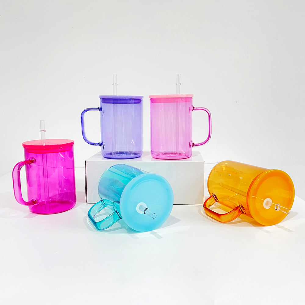 25Pack USAWarehouse 17oz Jelly Color Sublimation Glass Mugs with Colorful Lids and Clear Plastic Straw for UV DTF Wraps and Sublimation