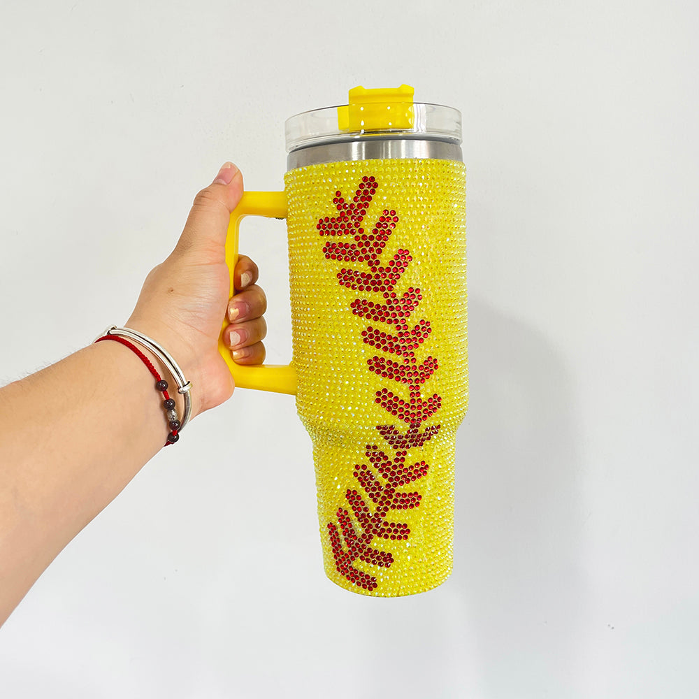 20Pack H1.0 40oz Baseball Bling Rhinestone Tumblers Yellow&White Color Luxury Style Full Cover Cups for Travel