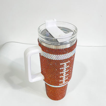 20Pack H1.0 40oz Football Bling Rhinestone Tumblers Hot Pink and Brown Color Luxury Style Full Cover Cups for Daliy Life