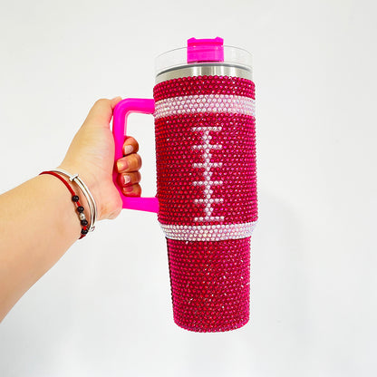 20Pack H1.0 40oz Football Bling Rhinestone Tumblers Hot Pink and Brown Color Luxury Style Full Cover Cups for Daliy Life