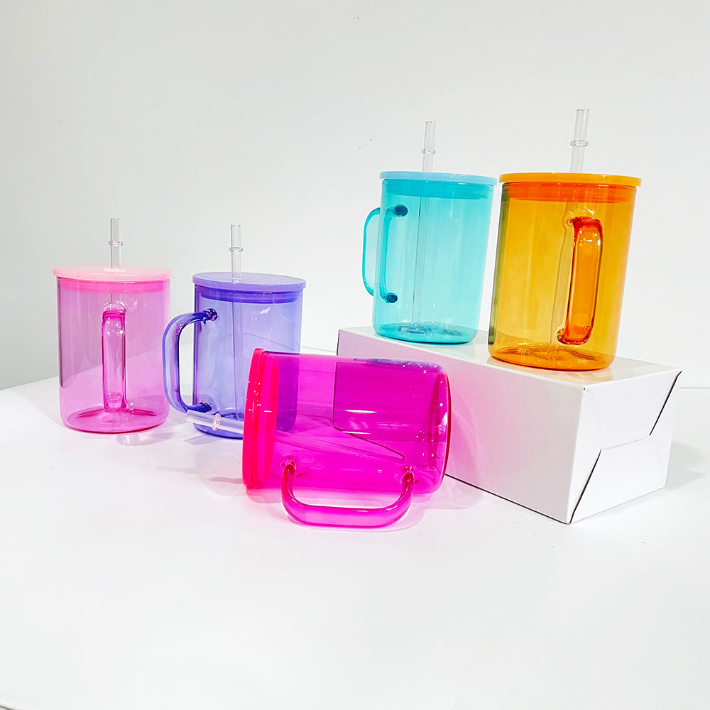 25Pack USAWarehouse 17oz Jelly Color Sublimation Glass Mugs with Colorful Lids and Clear Plastic Straw for UV DTF Wraps and Sublimation