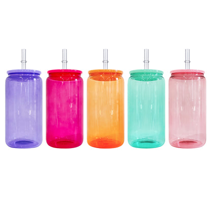 25Pack 16oz Jelly Color Blank Sublimation Glass Can With Colorful Lids and Clear Plastic Straw Also Work for UV DTF Wraps