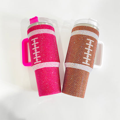 20Pack H1.0 40oz Football Bling Rhinestone Tumblers Hot Pink and Brown Color Luxury Style Full Cover Cups for Daliy Life