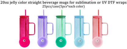 25Pack USA Warehouse 20oz Jelly Color Sublimation Glass Mugs with Handle Also for UV DTF Wraps