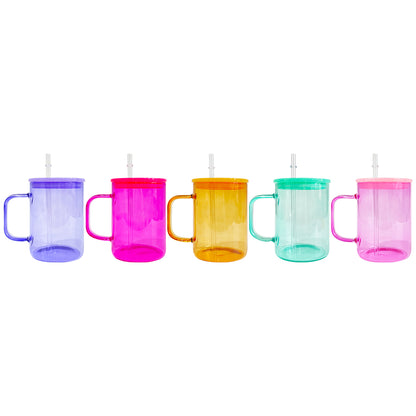 25Pack USAWarehouse 17oz Jelly Color Sublimation Glass Mugs with Colorful Lids and Clear Plastic Straw for UV DTF Wraps and Sublimation