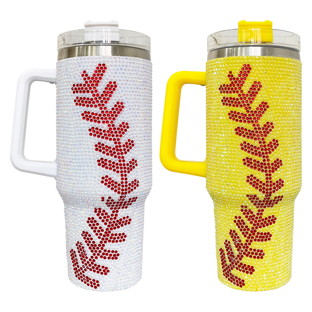 20Pack H1.0 40oz Baseball Bling Rhinestone Tumblers Yellow&White Color Luxury Style Full Cover Cups for Travel