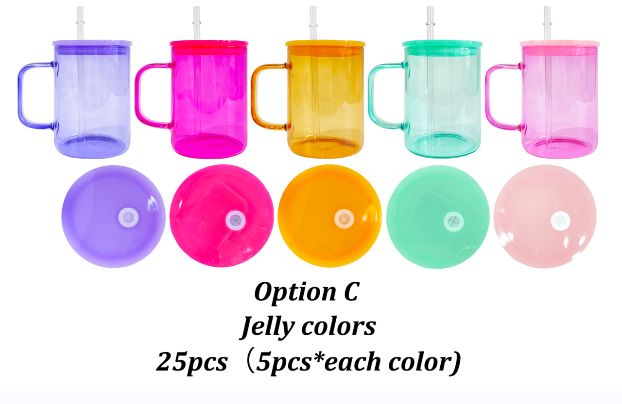 25Pack USAWarehouse 17oz Jelly Color Sublimation Glass Mugs with Colorful Lids and Clear Plastic Straw for UV DTF Wraps and Sublimation