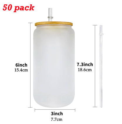 25Pack 50Pack 16oz Clear Frosted Blank Sublimation Glass Can with Bamboo Lids Also Work for UV DTF Wraps