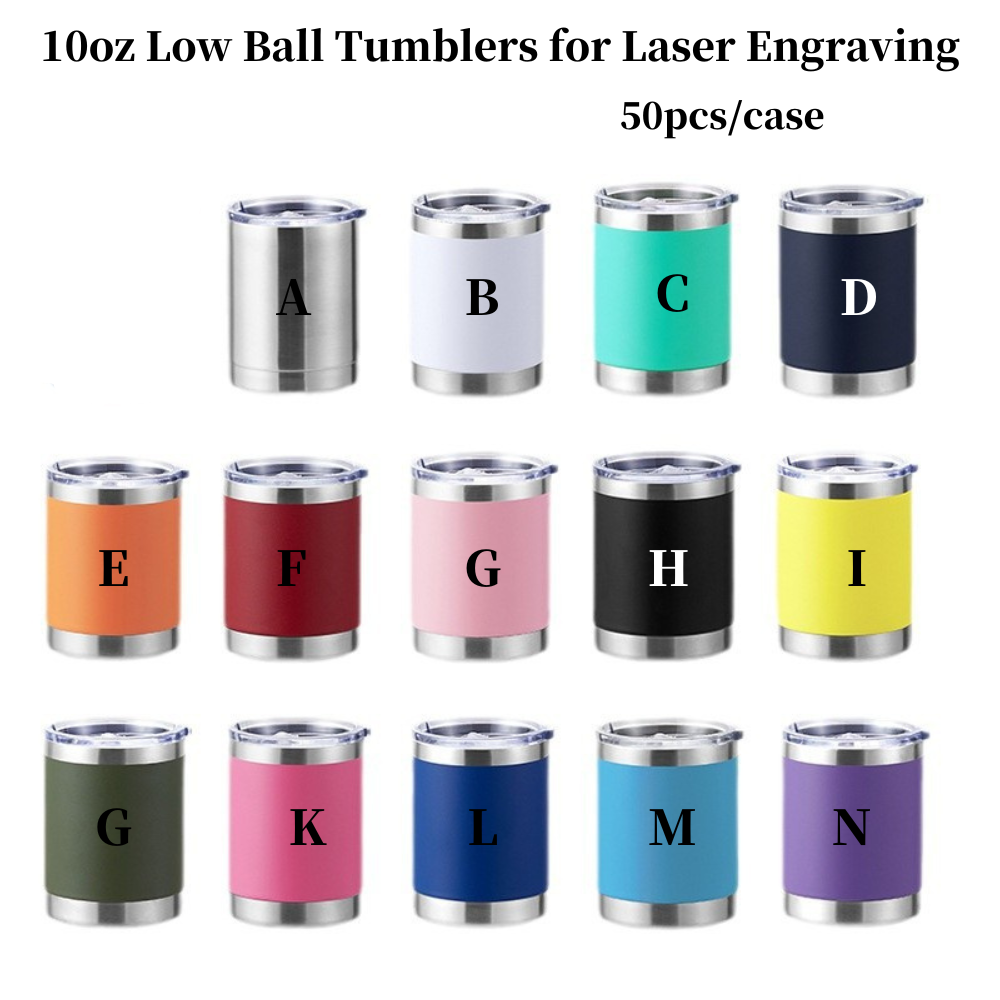 50 Pack 10oz Lowball Stianless Steel Double Wall Power Coated Tumblers with Leaking proof Lids for Laser Engraving