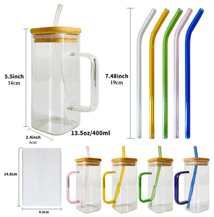 25 Pack 50 Pack China Warehouse 300-400ML Square Glass Mugs With Handle And Bamboo Lids Suitable For UV DTF Wraps and Vinyl